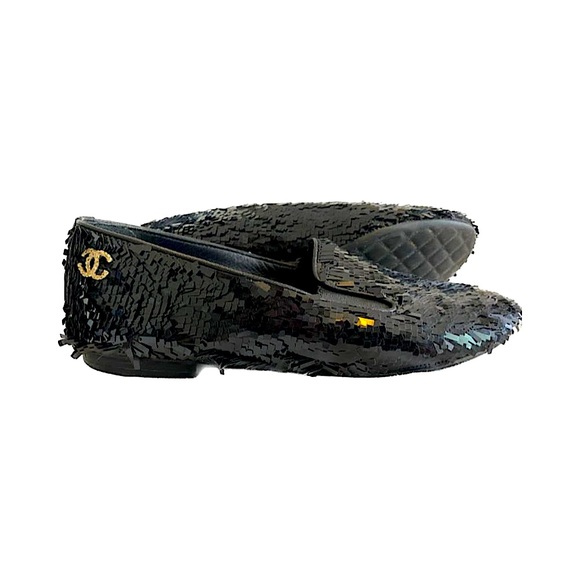 CHANEL Black Sequin Loafers - Picture 1 of 7